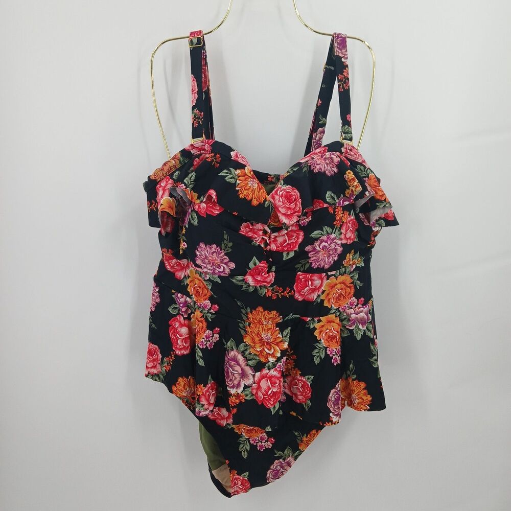 womans plus size 3X Terra & Sky Black Floral One-Piece Swimsuit with Ruffle